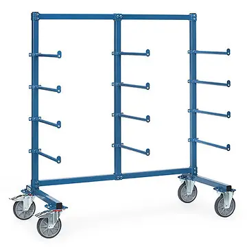 Tragarmwagen mit 12 Tragarme 5° 600 mm einseitig, mit PVC-Schlauch und Abrollsicherung