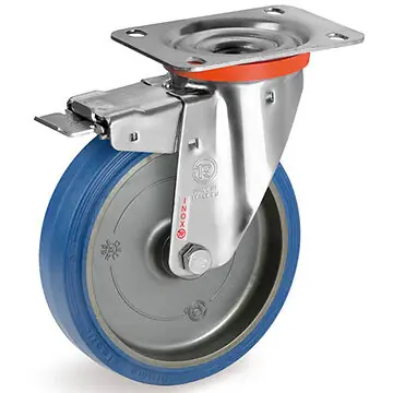 INOX Blue-Wheel Doppelstopp-Lenkrollen mit Elastik-Gummirädern und Gleitlager