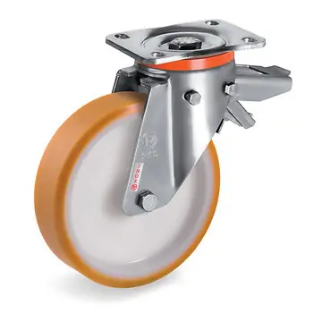 INOX-Schwerlast-Lenkrollen mit Doppelstopp, Polyurethanrad mit Gleitlager