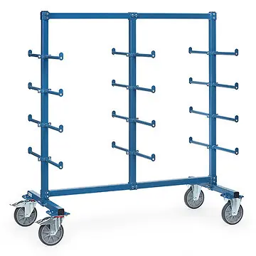 Tragarmwagen mit je 24 Tragarme 5° 600 mm zweiseitig, mit PVC-Schlauch und Abrollsicherung