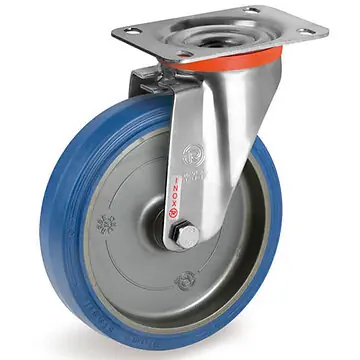 INOX Blue-Wheel Lenkrollen mit Elastik-Gummirädern und Gleitlager